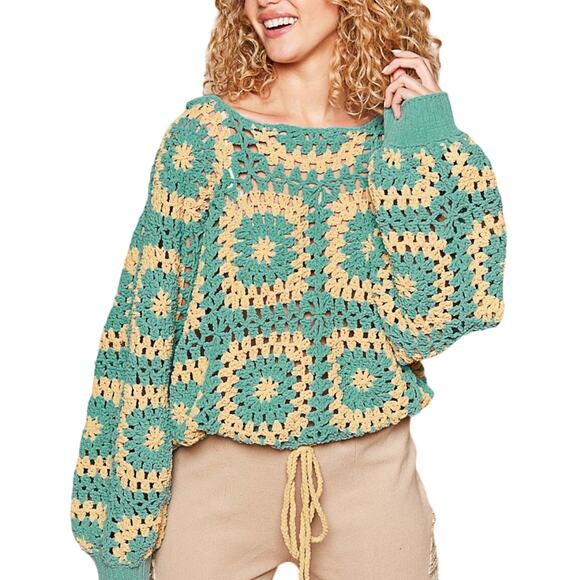 POL / Granny Square Sweater / Boho Chenille Hoodie - Picture 2 of 4